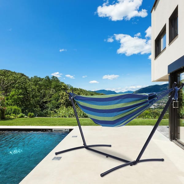 9.3 ft. Portable Hammock with Stand in Blue Striped WB419 W8 The