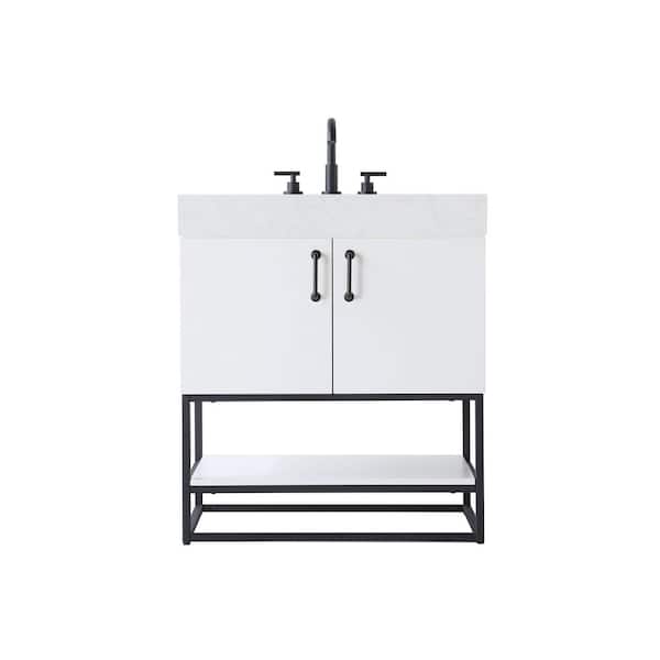 30 in. Single Sink White Bath Vanity with White Engineered Marble Top