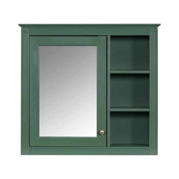 29.92 in. W x 28.00 in. H Modern Rectangular Wood Medicine Cabinet with Mirror and 3 Open Shelves - Green
