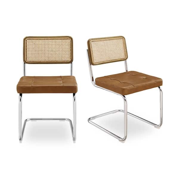 Art Leon SIASY Brown Genuine Leather Dining Chairs with Woven Rattan ...