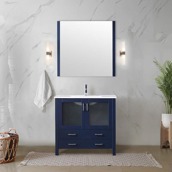 Volez 36 in W x 18 in D Navy Blue Bath Vanity, Integrated Ceramic Top, Faucet Set and 34 in Mirror