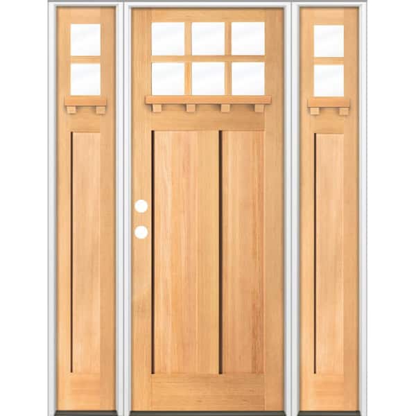 Krosswood Doors 64 in. x 96 in. Craftsman 6-Lite Clear Glass Right Hand Clear Stain Hemlock Wood Prehung Front Door w/ DSL and DS