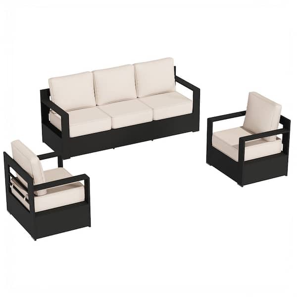 3-Piece Black Aluminum Outdoor Patio Furniture Conversation Set with Beige Cushions