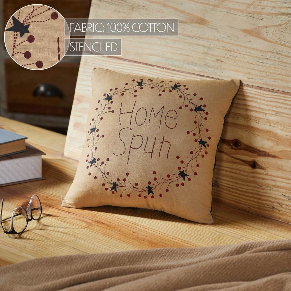Rustic Beige Cotton Square Throw Pillow with Wreath Design