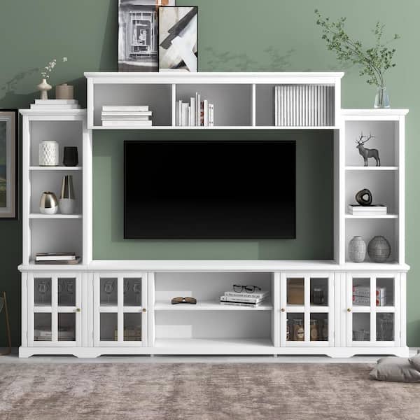 White Entertainment Center TV Stand with Tempered Glass Door and Bookshelves Fits TVs Up to 70 in.