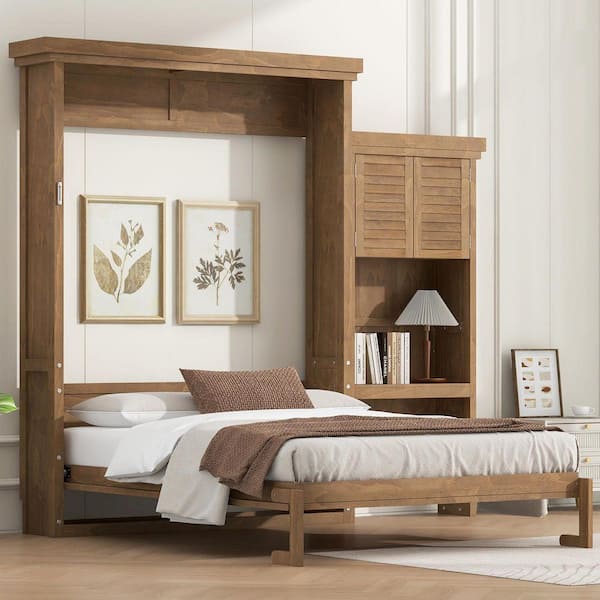 Brown Louvered Style Wood Frame Queen Size Murphy Bed with Multiple Storage Shelves
