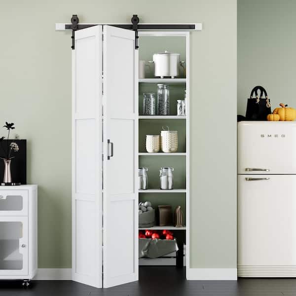 ARK DESIGN 40 in. x 84 in. Paneled 3-Lite White Primed Solid Core MDF Bi-Fold Sliding Barn Door with Hardware Kit