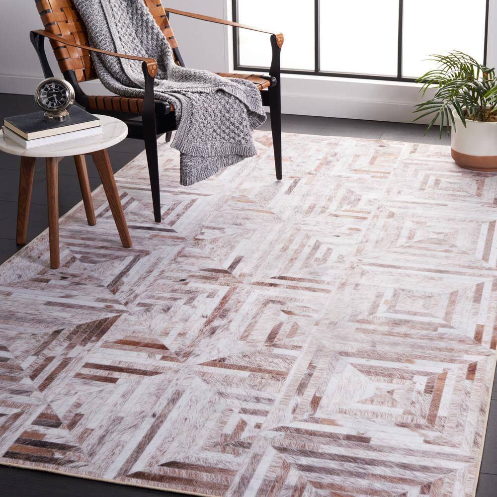 Beige and Brown Faux Fur Geometric 6' x 9' Area Rug