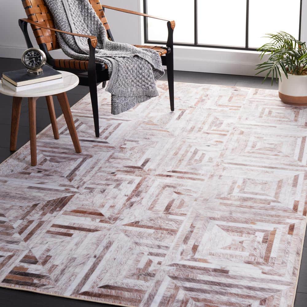 Beige and Brown Geometric Faux Fur 9' x 12' Rug