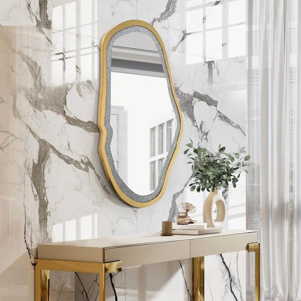 32.5 in. W x 47.2 in. H Gold Luxury Irregular Oval Wall Mirror with Faux Diamond and Wood Frame Decorative for Entryway
