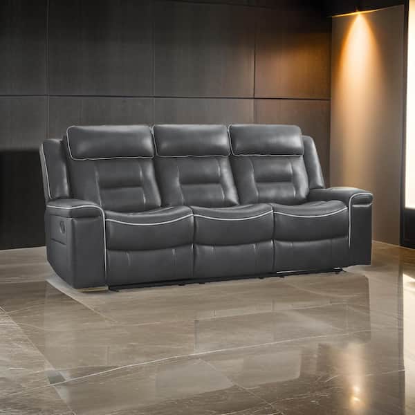 Benjara 88.5 in. Flared Arm Faux Leather Rectangle Manual Recliner Sofa in Gray