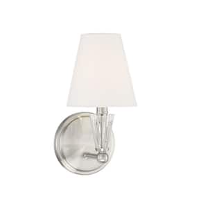 Meridian 5.5 in. W x 11.5 in. H 1-Light Brushed Nickel Wall Sconce with White Fabric Shade and Faceted Crystal Accent