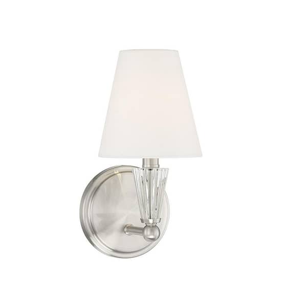 Savoy House Meridian 5.5 in. W x 11.5 in. H 1-Light Brushed Nickel Wall Sconce with White Fabric Shade and Faceted Crystal Accent