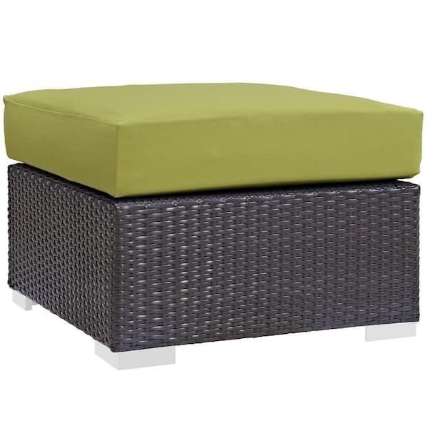 Convene Wicker Outdoor Patio Fabric Square Ottoman in Espresso with Peridot Cushion