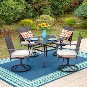 Black 5-Piece Metal Patio Outdoor Dining Set with Slat Square Table and Rattan Swivel Chairs with Beige Cushion