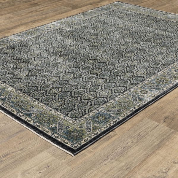 Elanor Blue/Green 10 ft. x 13 ft. Geometric Floral Border Polyester Fringe-Edge Indoor Area Rug