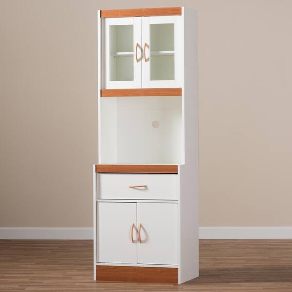 Baxton Studio Laurana White And Cherry Brown Kitchen Cabinet With Hutch 147 8317 Hd The Home Depot