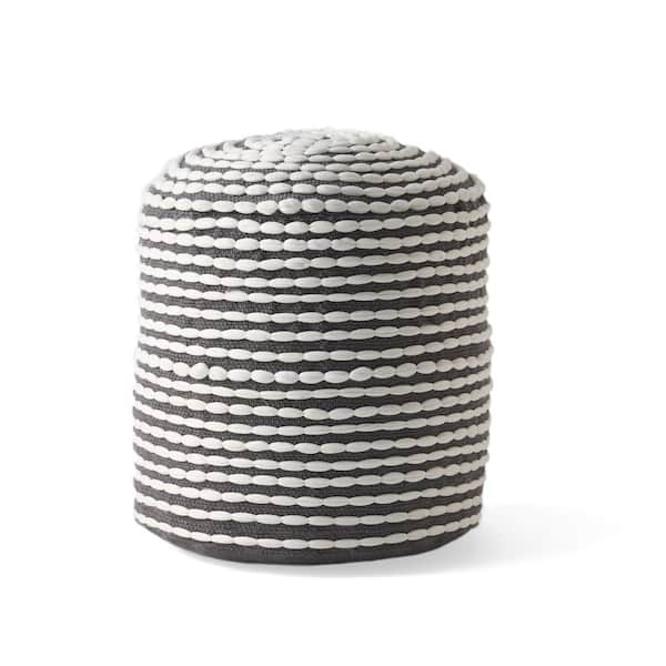 Noble House Conney White Fabric Round Outdoor Ottoman Pouf