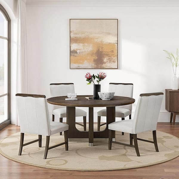 Thea Brown Finish Wood Top 54 Dia in Dining Round Table, Seats 4