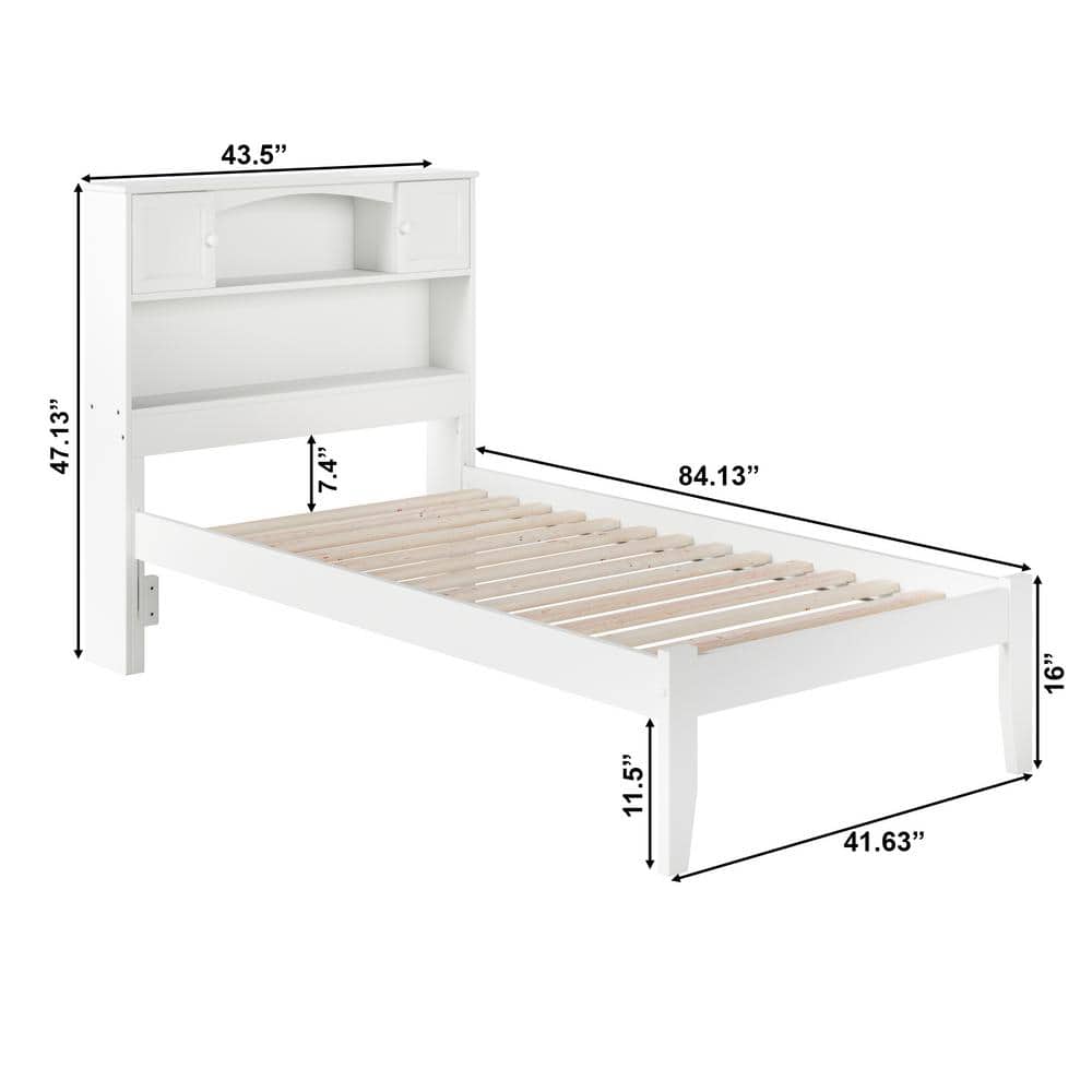 White Twin Wood Frame Platform Bed with Bookcase Headboard