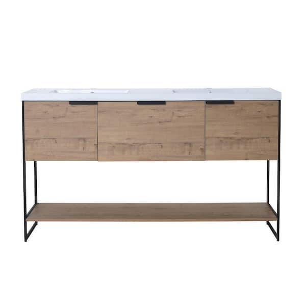 EPOWP 59.1 in. W x 18.3 in. D x 34.3 in. H Bath Vanity in Brown with White Granite Top