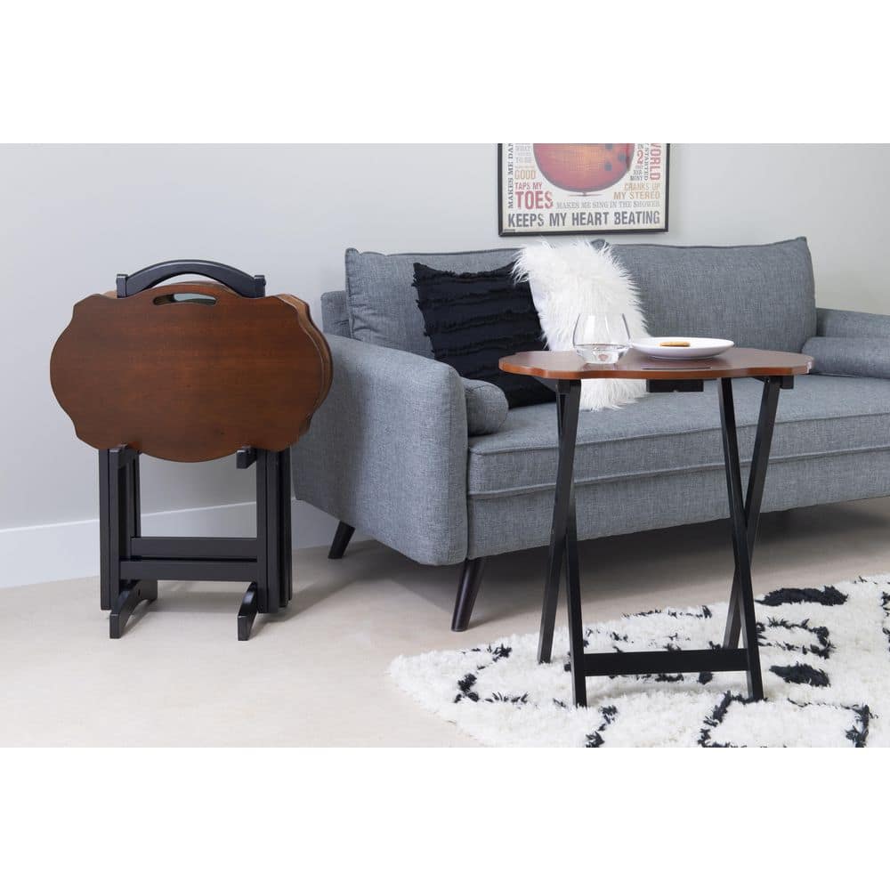 Serpentine Hazelnut & Black Folding Tray Table Set with Rubberwood Legs