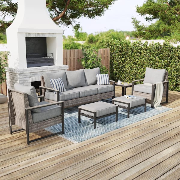 Sonkuki 6 Pieces Patio Conversation Set Sofa Set with Ottomans and Side Table Gray PE Wicker with Linen Grey Cushion