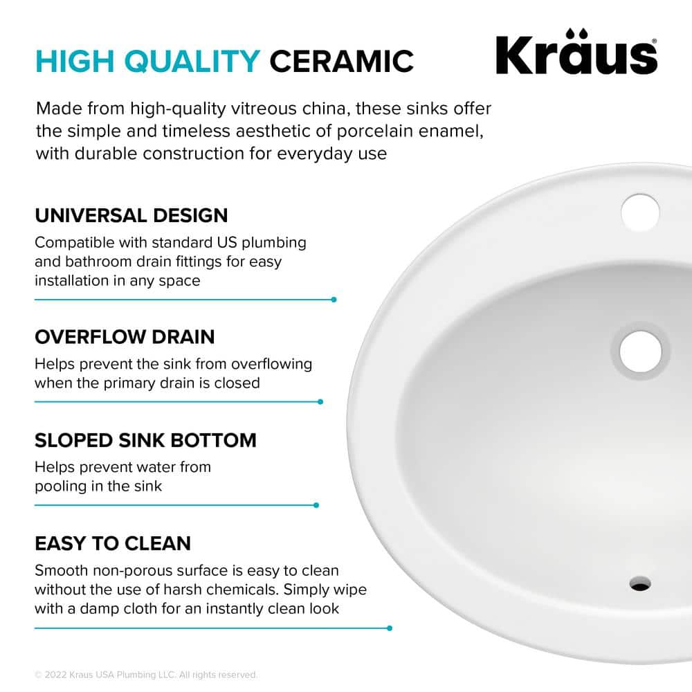Elavo 22" White Ceramic Oval Drop-In Bathroom Sink