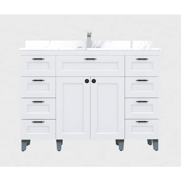 Winette 48 in. W x 21 in. D x 35 in. H Metal Bathroom Vanity in White with Carrera Engineered Marble Vanity Top with White Bowl