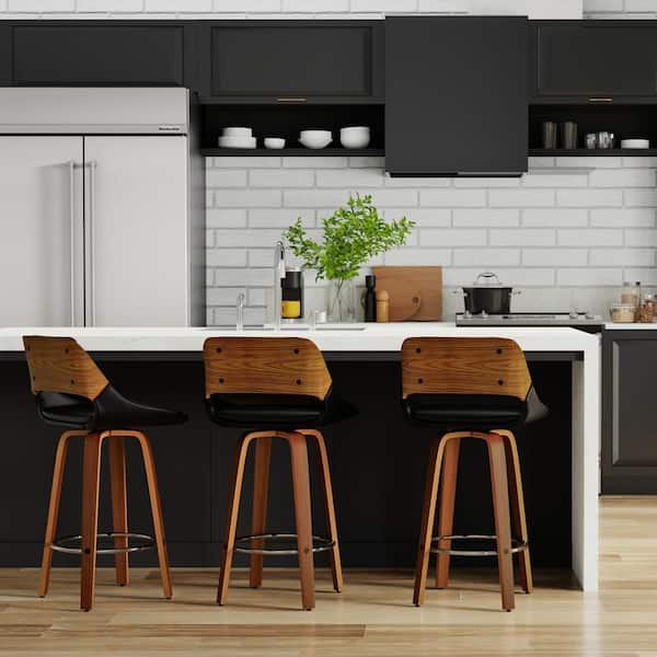 Simpli Home Carly Contemporary 16 in. Metal Swivel Bar Stool (Set of 2) in Black PU faux leather
