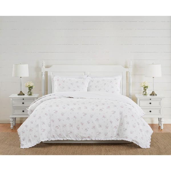 THE FARMHOUSE BY RACHEL ASHWELL Signature Rosebury 3-Piece White / Pink Floral Cotton Full / Queen Duvet Cover Set