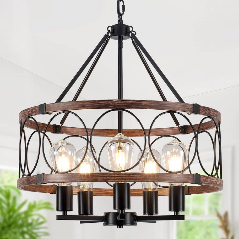 5-Light Black and Brown Modern Drum Farmhouse Chandelier for Kitchen Island with no bulbs included price history on PriceWatchPro