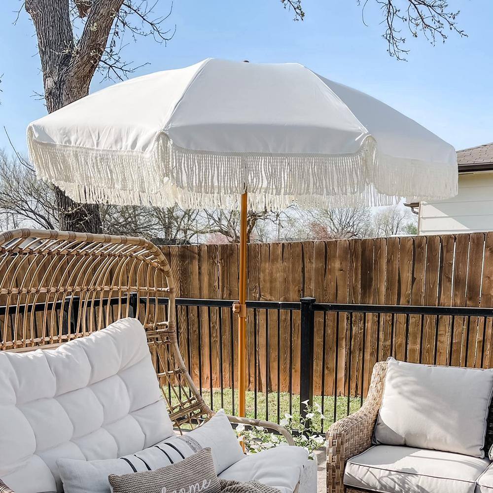 Elegant Cream 7ft Beach Umbrella with Tassel Fringe and Steel Pole