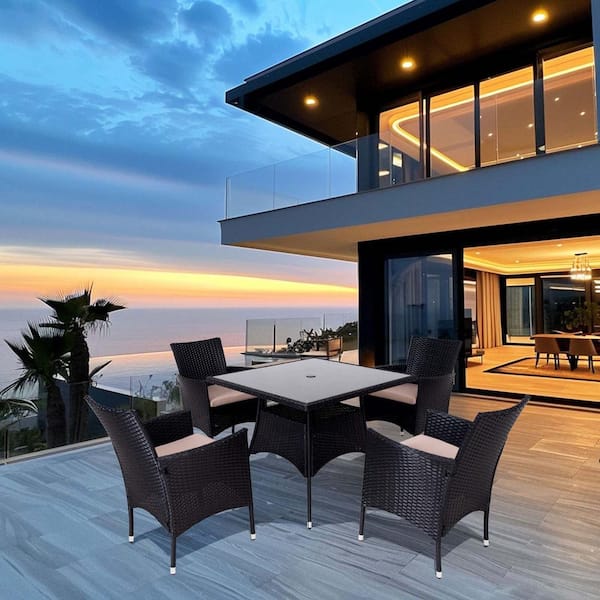 Sudzendf Black 5-Piece Wicker Patio Outdoor Dining Set with Khaki Soft Cushions and Square Table with Umbrella Hole