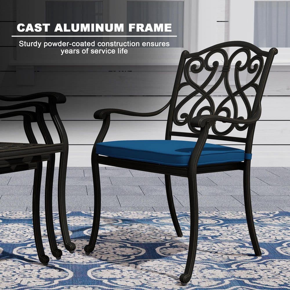 Set of 4 Black Cast Aluminum Outdoor Dining Chairs with Blue Cushions