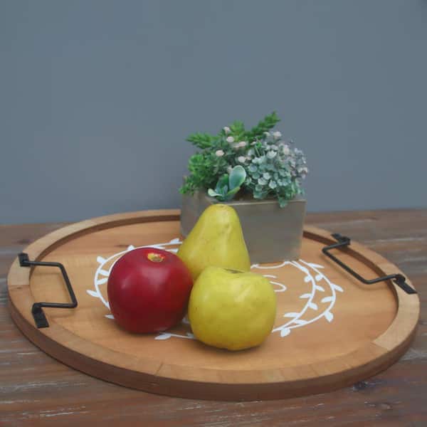 Brown Give Thanks Round Wood Tray with Black Metal Handle