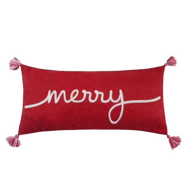 LEVTEX HOME Thatch Home Spencer Plaid Red Merry Embroidered with Corner Tassels 14 in. x 30 in. Throw Pillow
