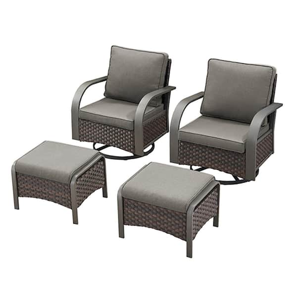 Iron Bend Series 4-Piece Brown Wicker Outdoor Patio Conversation Rocking Chair with Ottoman CushionGuard Gray Cushions