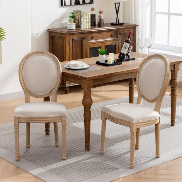 Beige French Style Antique Painting Linen Dining Chair with Nailhead Trim, Solid Wood Frame, Set of 2