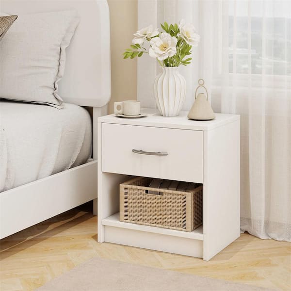 White 1-Drawer 15 in. Modern Nightstand Bedside Table with Drawer Open Storage Shelf for Small Spaces