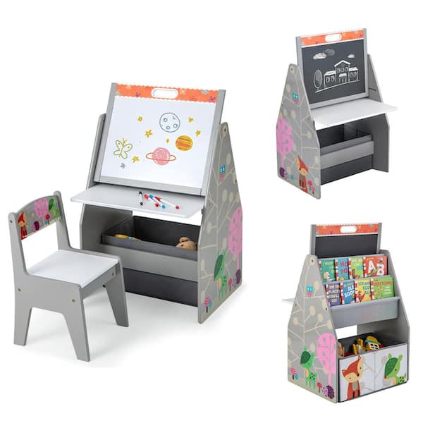 Costway Kids Table and Chair Set with Rotatable Double-sided Magnetic Blackboard and Whiteboard Grey