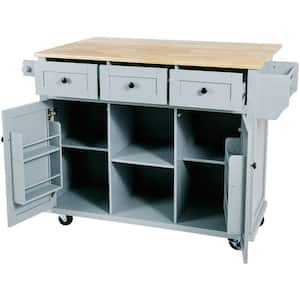 53 in. W Gray Blue Wood Kitchen Cart with Drop-Leaf Countertop, Wheels, Storage Cabinet and 3 Drawers
