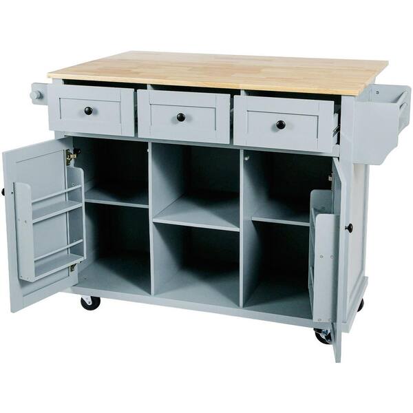 Aoibox 53 in. W Gray Blue Wood Kitchen Cart with Drop-Leaf Countertop, Wheels, Storage Cabinet and 3 Drawers
