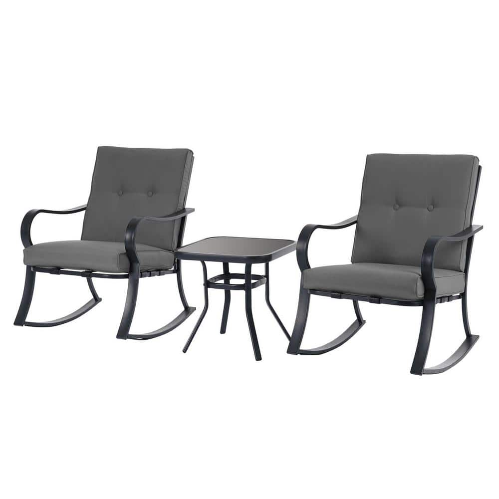 Black 3-Piece Patio Metal Outdoor Rocking Chair Set with Gray Cushions