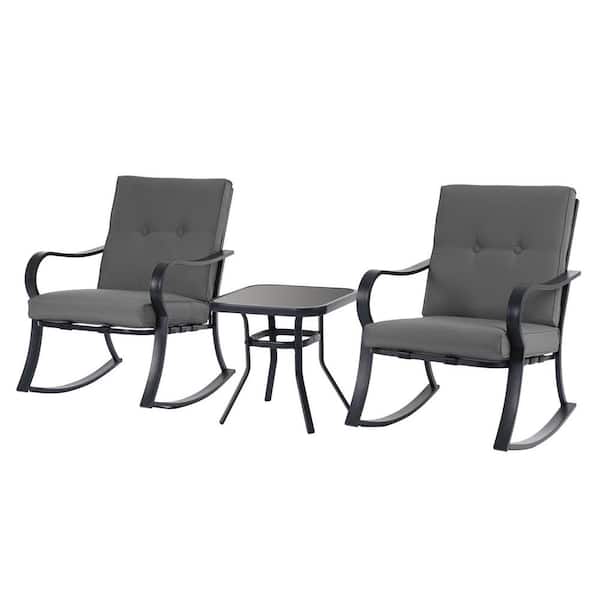 Unbranded Black 3-Piece Patio Metal Outdoor Rocking Chair Set with Gray Cushions