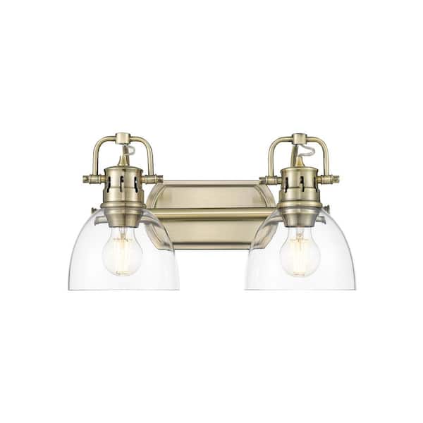 Golden Lighting Duncan 8.25 in. 2-Light Aged Brass Vanity Light with Clear Shade