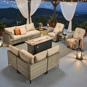 OVIOS Holly Gray 9-Piece Wicker Patio Rectangle Fire Pit