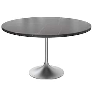 Verve Modern 48 Round Dining Table with Sintered Stone Tabletop in Chrome Stainless Steel Pedestal Base, Black