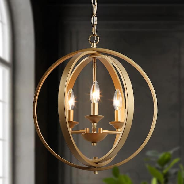 Uolfin Modern Chandelier Pendant Light 3-Light Gold Globe Cage Dining Room Chandelier