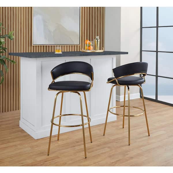 Lumisource Jie 29.5 Black Faux Leather and Gold Metal Fixed-Height Barstool (Set of 2)